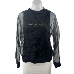 Zara Made for Eveybody Women's Black Mesh Crewneck Long Sleeve Blouse Top Size M